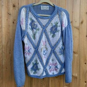 Vintage nuggets sweater, medium, blue white, granny fall winter cottagecore